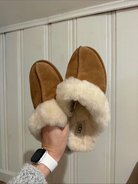 UGG Chestnut Suede Slip-On Slippers with Cream Shearling